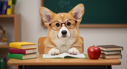 Corgi Dog in Glasses Reading Book at School Desk Learning Education Knowledge Study Theme Back to School