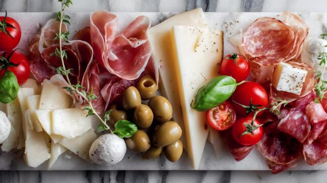 An appetizing arrangement of assorted cheese, cured meats, tomatoes, and olives perfect for any occasion. (zoom out)