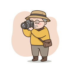 Elderly photographer taking picture with camera in casual setting  
