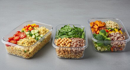 Healthy Meal Prep Containers with Quinoa Chickpeas Sweet Potato and Broccoli Ready for Lunch