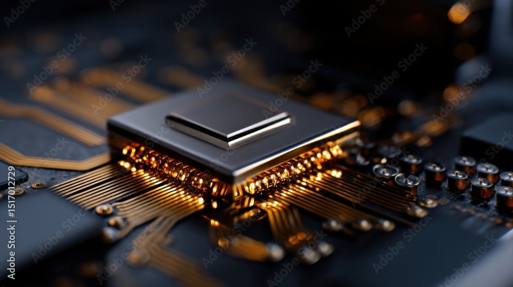 Poster a detailed view of a microchip positioned on a circuit board shows complex gold connections and illu