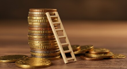 Stack of Gold Coins with a Ladder Concept of Financial Growth Progress and Achievement Isolated