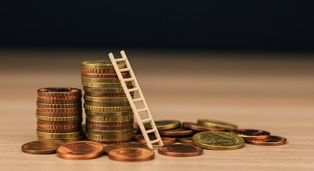 Ladder on Coin Stacks Illustrating Financial Growth with Investment Strategy and Economic Advancement for Success Goals