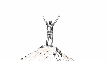 A hiker standing with arms raised on a mountain peak over amazing scenery