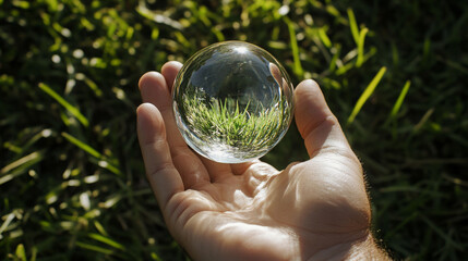 A human hand presents a glass Earth atop fresh grass, symbolizing environmental preservation and ecological awareness