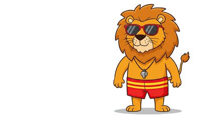 Cartoon Lion Character Summer Lifeguard Wearing Sunglasses Isolated on White Background Animal Illustration Design