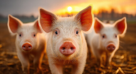 Three Curious Piglets at Sunset in a Farm Field, Symbolizing Animal Welfare and Sustainable Agriculture Practices