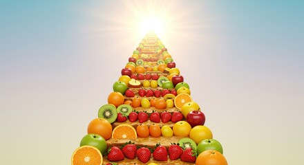Fruit Pyramid Composition Bright Sunlight: Fresh Assortment of Fruits Healthy Eating on Gradient Background