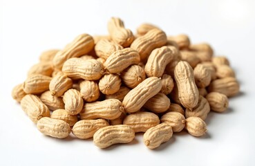 Obraz premium Pile raw peanuts on white background. Closeup of groundnuts kernels in shells. Healthy vegetarian snack, ingredient for butter, candy. Food concept, macro photo.