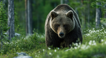 Obraz premium Majestic Brown Bear Approaching Through Forest Undergrowth, Representing Wildlife Conservation and Ecotourism Adventure