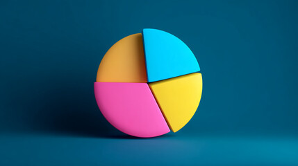 Fototapeta premium 3D pie chart, four colorful segments: orange, pink, yellow, blue, against teal background, illustrating data, statistics, or market share