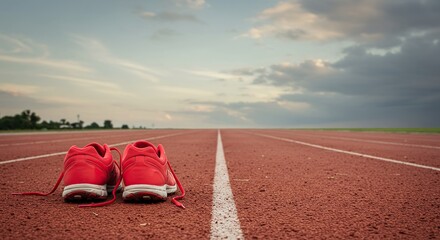 Vibrant Red Running Shoes on Athletic Track Success Journey Inspiring Achievement and Determination Against Horizon