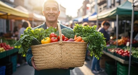 Smiling Man Holding Basket Full of Fresh Vegetables at Farmers Market in Town on Sunny Day