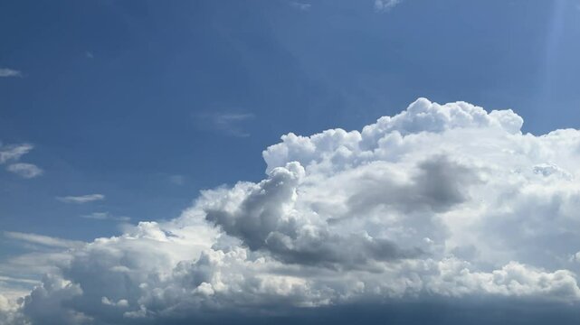 Natural blue sky panorama with white clouds Cumulus, Cumulonimbus calvus, Cumulonimbus capillatus and Cumulus congestus on sunny and stormy summer weather. Topics: heaven, cloudscape, meteorology