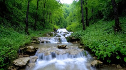 Obraz premium A picturesque waterfall flows gently over smooth rocks, surrounded by vibrant green foliage in a peaceful forest. The scene captures the beauty of nature at midday.