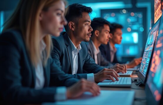 Group of people working on computers. Cybersecurity training in hightech office environment. Colleagues collaborate with holographic displays showing security concepts. Tech, corporate, education,