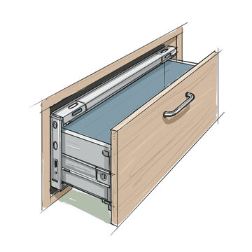 Drawer with wooden front and metal slides in detailed illustration  