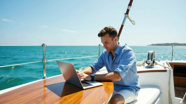 Digital Nomad Working Remotely on Laptop While Sailing on Yacht