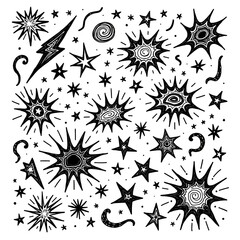 Fototapeta premium Hand drawn artistic star doodles vector silhouette set Black and white cosmic sketch elements with lightning bolts swirls and sparkles for space themes