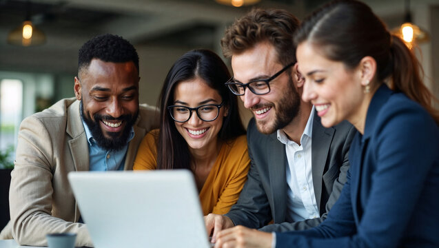 Close-up of smiling multiethnic team of business colleagues gathered around laptop in modern office