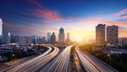 Obraz premium dynamic cityscape with busy highway traffic under twilight sky