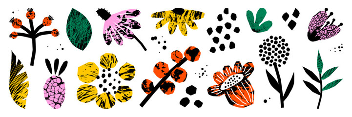 Paper cutout collage forest elements asset pack. Grunge graphic texture, childish playful aesthetics. Vector isolated elements for sticker, scrapbook, decoration.