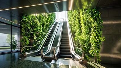 Illustration of an escalator enveloped in greenery, reflecting the integration of natural elements for improved corporate aesthetics and air quality. Corporate carbon reduction
