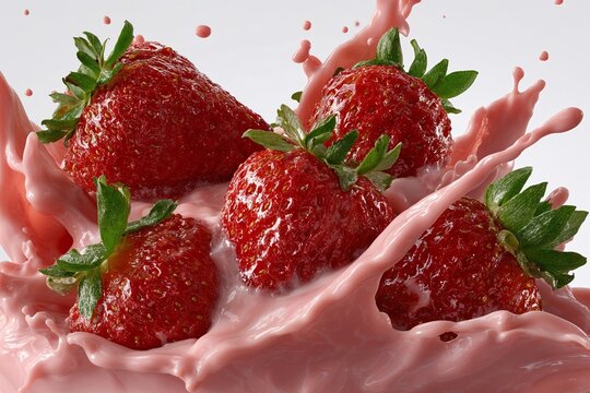 Fresh strawberries splashing in pink milk