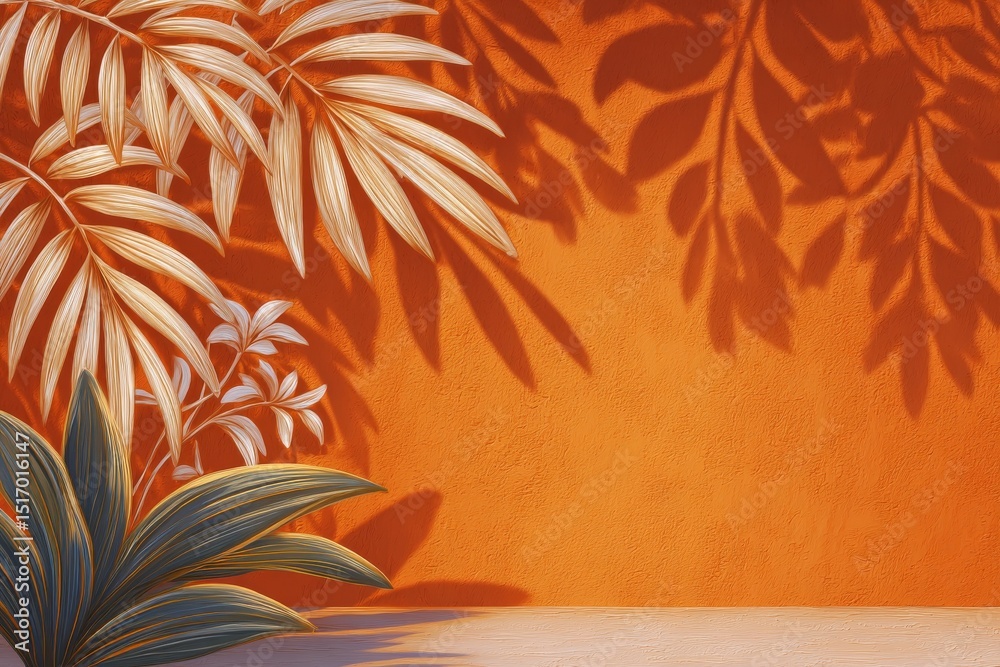 Poster a tropical style empty studio backdrop featuring a summer palm pattern set against an abstract yello