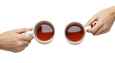 Overhead shot shows two hands holding steamy teacups against a black background in a studio shot.