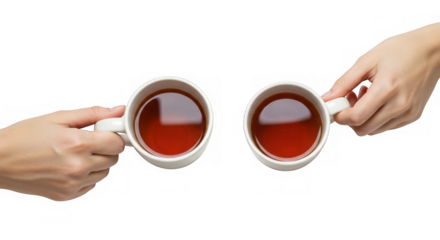 Overhead shot shows two hands holding steamy teacups against a black background in a studio shot.