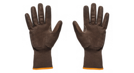 Pair of brown work gloves facing upward against a black backdrop with a transparent outline effect.