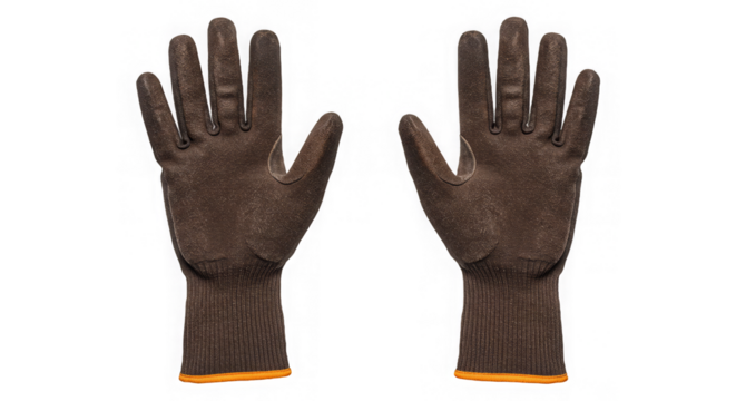 Pair of brown work gloves facing upward against a black backdrop with a transparent outline effect.