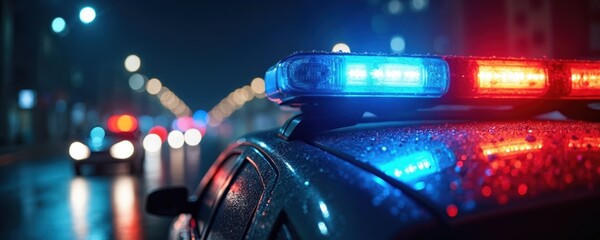 Police cruiser lights glow in night city. Red blue emergency flashers illuminate dark street. Law enforcement vehicle with siren at service in urban setting. Public safety patrol ready for response.