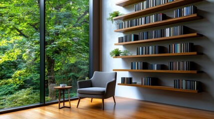Fototapeta premium Comfortable chair next to a small table in a stylish room with a wall of bookshelves. Outside, vibrant trees provide a serene view, creating a peaceful atmosphere.