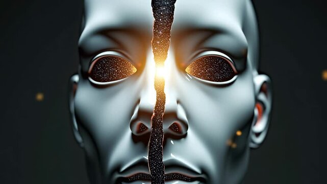 A futuristic android face split down the center with glowing light emerging from within. Symbolizes inner transformation, awakening, and artificial intelligence evolution.