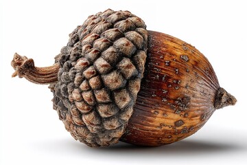 Macro close-up of a single acorn with textured cap and aged wood grain, set against white for a minimalist and organic feel