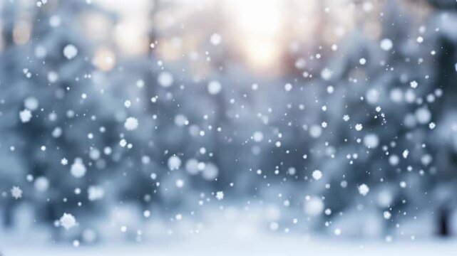 Snowflakes falling gently against blue blurred background creating winter atmosphere. Use for christmas holiday, winter season, weather forecast background