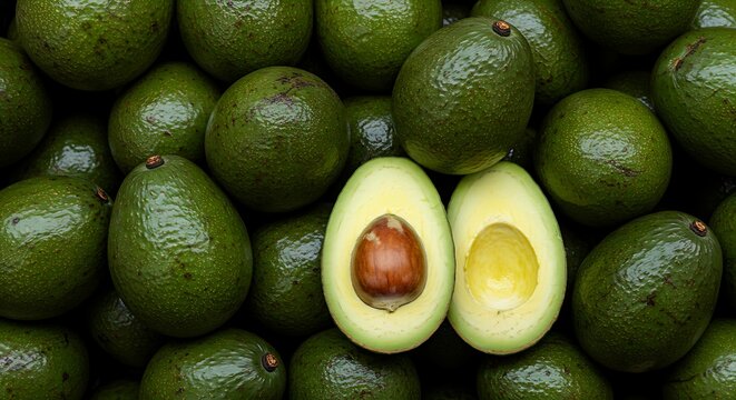 Chilean Hass Paltas, top view image of a group of Hass and Fuerte paltas with a cut palta, representing local production and typical Chilean foods