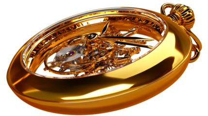 Complex Golden Pocket Watch Mechanism, Close Up, cut out transparent
