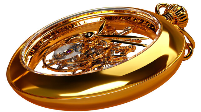Complex Golden Pocket Watch Mechanism, Close Up, cut out transparent