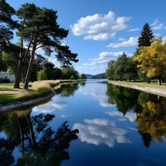 Serene canal reflecting a vibrant sky