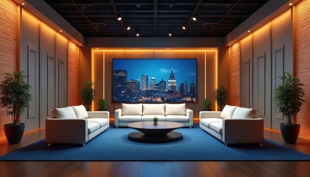 Modern talk show studio set with comfortable seating arrangement, stylish decor. Room features sofa, chairs, large screen cityscape background, plants. TV stage for interview. Interior design, studio.