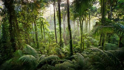 Fototapeta premium a tropical forest with dense greenery tall trees