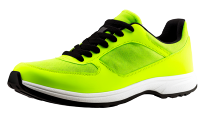 Vivid neon yellow running shoe, athletic footwear, cut out transparent