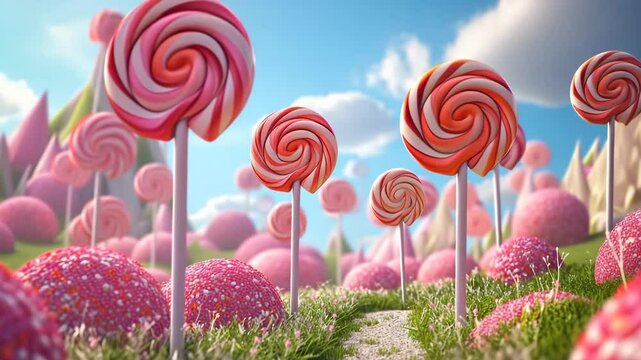 Candyland adventure through vibrant landscapes filled with giant lollipops and colorful candy hills