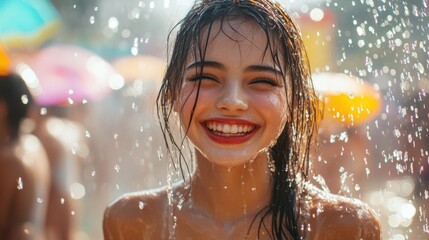 Fototapeta premium Charming cute woman laughing while getting splashed at Songkran festival