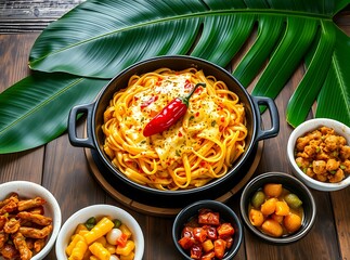 Exquisite Culinary Composition: A vibrant display of culinary delights with a tantalizing main course of pasta, accompanied by an array of artfully arranged side dishes on a rustic wooden surface.