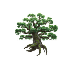 Obraz premium A majestic gnarled old tree with vibrant green foliage against the stark on transparent background