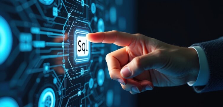 Human finger touches Sql button futuristic digital interface. Structured Query Language concept, software development, coding, database tech. Modern IT tech innovation concept. Business innovation.